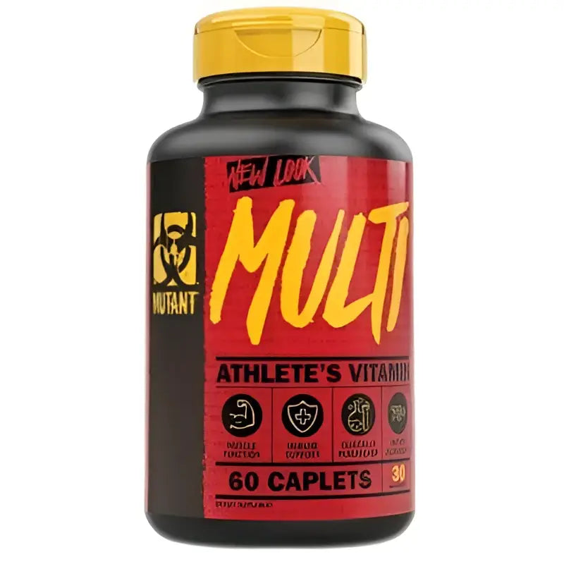 Botella negra con tapa amarilla y etiqueta roja con texto amarillo bold multi para mutant multi vitaminas y nutrientes esenciales para salud general